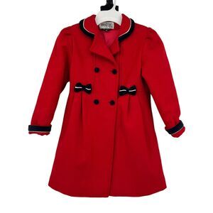 Vintage Braetan Kids Red‎ Girl's Wool Coat Navy Velvet Trim Lined Size 6x